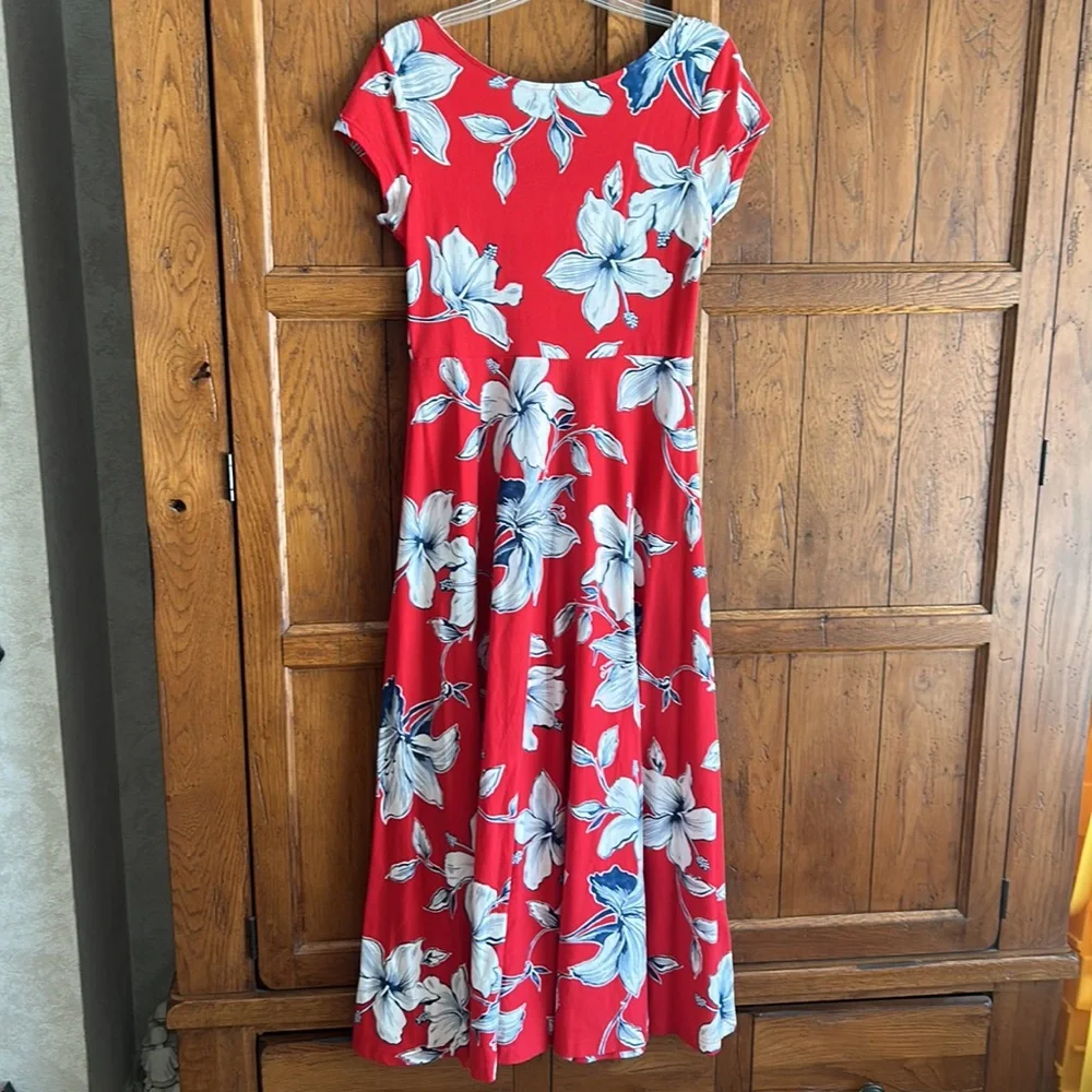 CHAPS🌺Floral TROPICAL Maxi DRESS Long Red Maxi Flare Hibiscis Flowers size Small - Picture 7 of 11